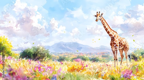 Giraffe standing in a vibrant flower field under a bright sky, mountains in the background.