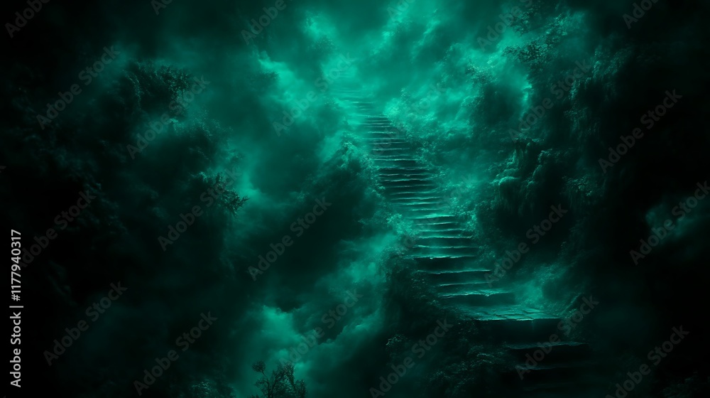 Fototapeta premium Stone Steps Ascending Through An Ethereal Green Fog