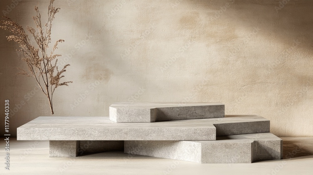 A multi-tiered 3D podium made of matte grey concrete, with clean geometric lines, set on a soft beige background A multi-tiered 3D podium made of matte grey concrete, with clean geometric lines, set on a soft beige background