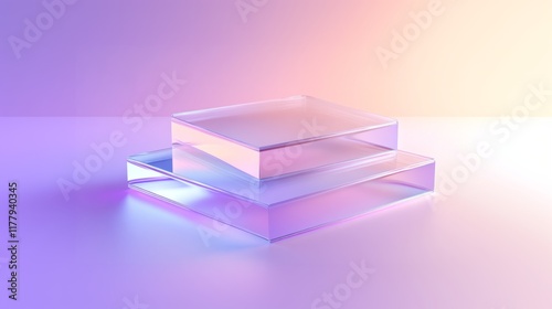A stepped 3D podium in a square shape, made of frosted glass, reflecting soft pink and purple hues