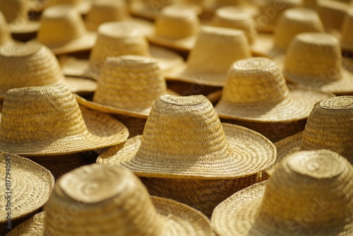 A lot of straw mens hats are used for protection from the sun photo