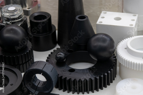 An array of black and white plastic spare parts arranged attractively in a modern display case highlights advancements in manufacturing techniques and material design.