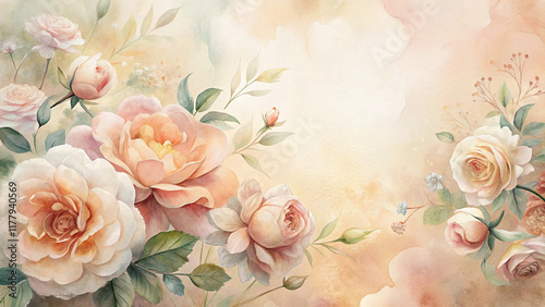 Peach and cream watercolor roses with soft gradient background