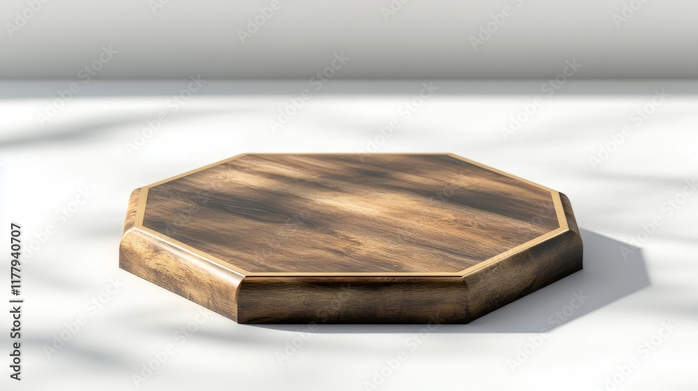 A hexagonal 3D podium with a wooden texture, plached it a clean with a back ground with a gentle shadows A hexagonal 3D podium with a wooden texture, plached it a clean with a back ground with a gentle shadows