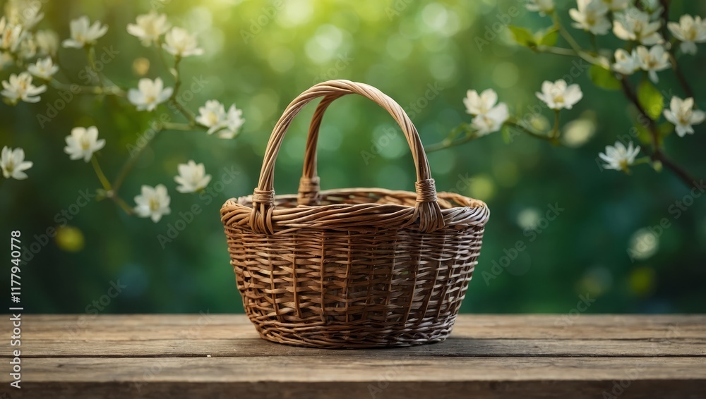 Empty picnic basket on wooden table over green leaves background. Spring and easter mock up for design Empty picnic basket on wooden table over green leaves background. Spring and easter mock up for design