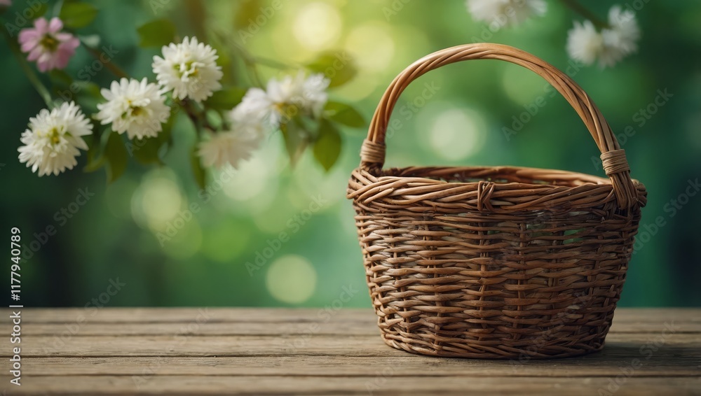 Empty picnic basket on wooden table over green leaves background. Spring and easter mock up for design Empty picnic basket on wooden table over green leaves background. Spring and easter mock up for design