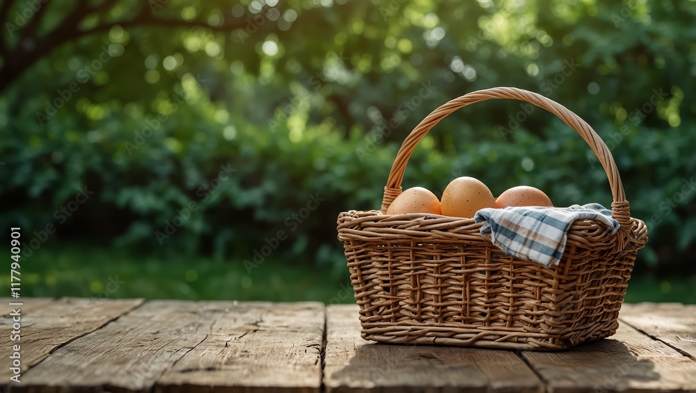 Empty picnic basket on wooden table over green leaves background. Spring and easter mock up for design
