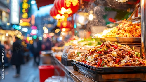 Delicious street food at a bustling night market, showcasing various dishes and vibrant atmosphere.