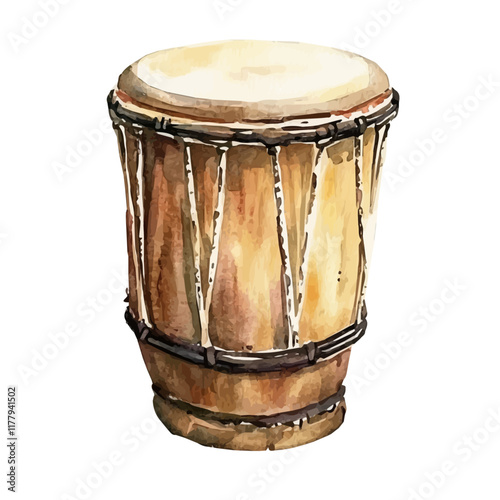 A watercolor drawing of a tambora drum, isolated on a white background. Musical instrument vector.
