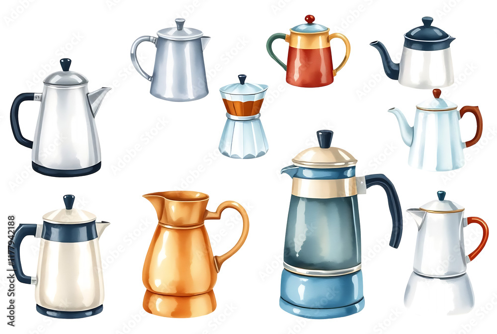 A collection of watercolor coffee pot illustrations A collection of watercolor coffee pot illustrations