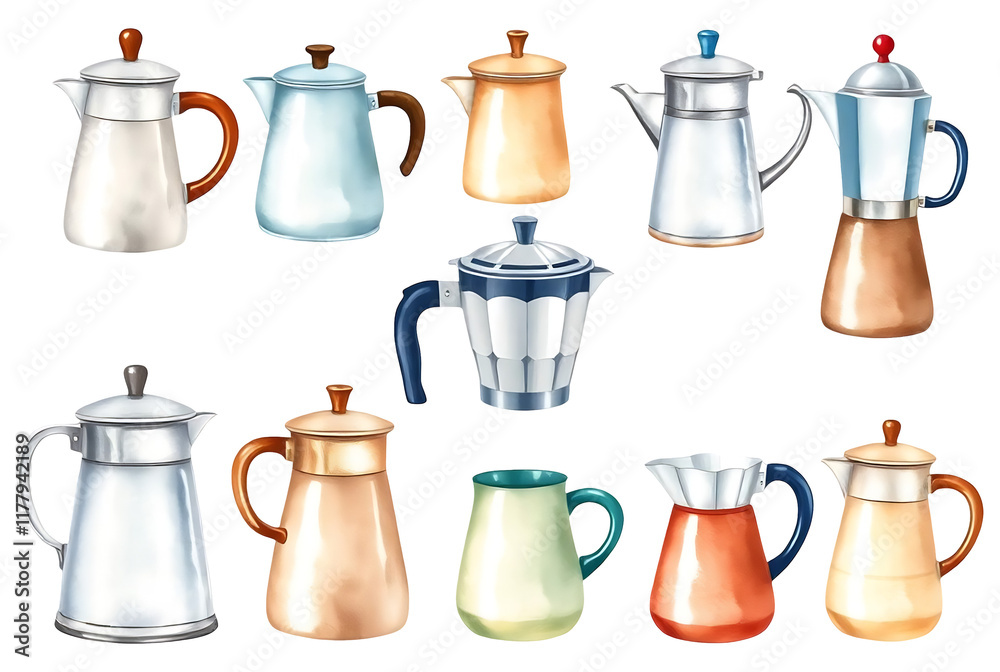 A collection of watercolor coffee pot illustrations A collection of watercolor coffee pot illustrations