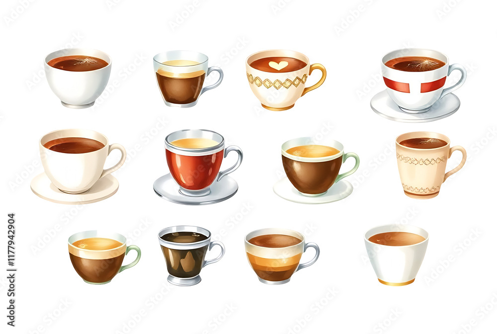 A collection of watercolor espresso cup illustrations