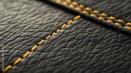 Close-up of textured black leather with yellow stitching, showcasing craftsmanship.