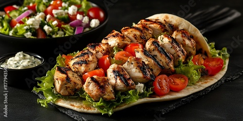 Grilled chicken souvlaki with salad