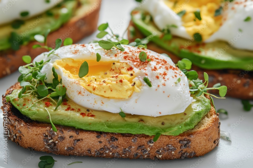 Enjoy creamy avocado toast topped with poached eggs and microgreens for a delicious breakfast!