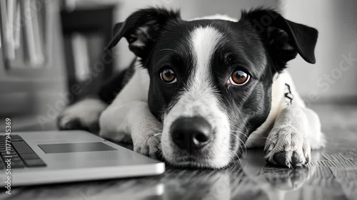 Black and white dog rests on wooden floor beside laptop during quiet afternoon, Black and white dog lying on wooden floor next to laptop