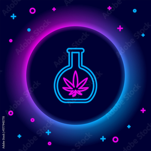 Glowing neon line Chemical test tube with marijuana or cannabis leaf icon isolated on black background. Research concept. Laboratory CBD oil concept. Colorful outline concept. Vector