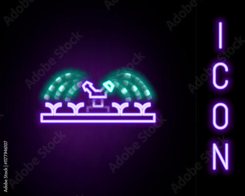 Glowing neon line Automatic irrigation sprinklers icon isolated on black background. Watering equipment. Garden element. Spray gun icon. Colorful outline concept. Vector