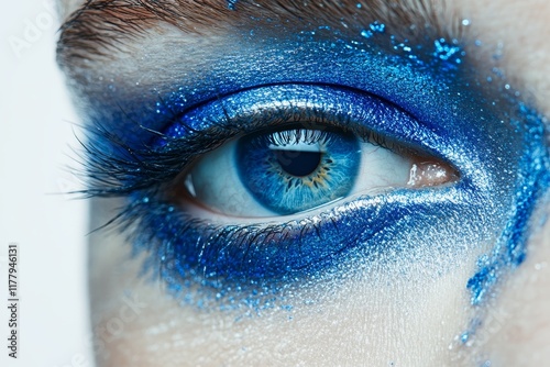 Close up photography of a blue woman s eye against a white background with excellent lighting photo