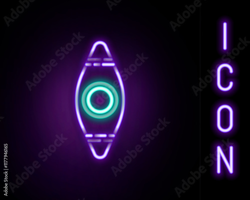 Glowing neon line Kayak and paddle icon isolated on black background. Kayak and canoe for fishing and tourism. Outdoor activities. Colorful outline concept. Vector