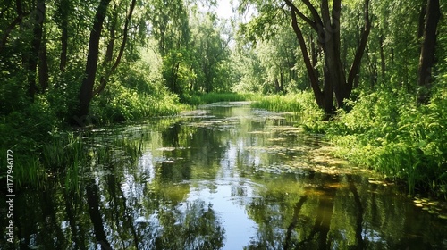 Calm forest river with lush green trees and reflections in summer.