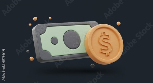 Money icon with dollar coin icon 3d rendering vector illustration, A bundle of money and gold coins, 3d dollar bundle 
 photo