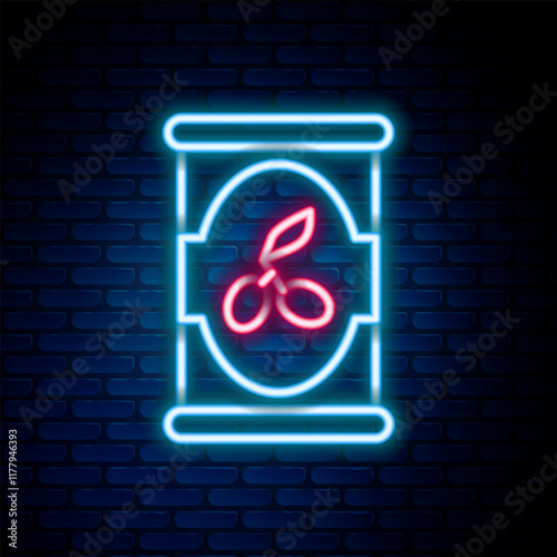 Glowing neon line Olives in can icon isolated on brick wall background. Concept of canned food. Colorful outline concept. Vector