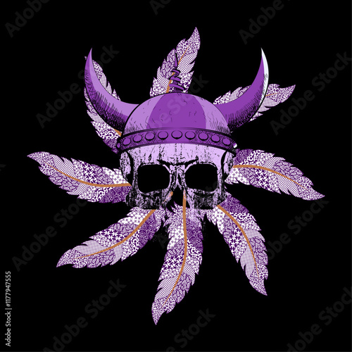 Viking skull with feathers t-shirt design on black background. Mandala. 