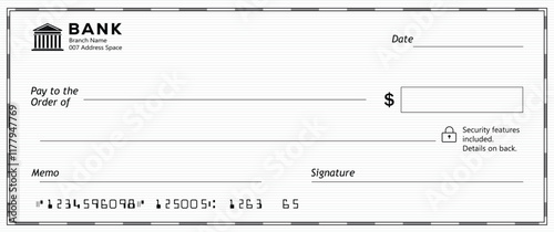 Bank check, vector blank money cheque, checkbook template with guilloche pattern and fields. Currency payment coupon, money check background	