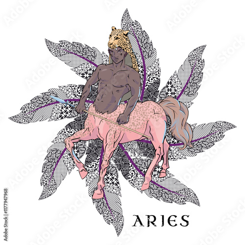 T-shirt design of a black centaur with a circle of feathers. Zodiac sign called Aries.