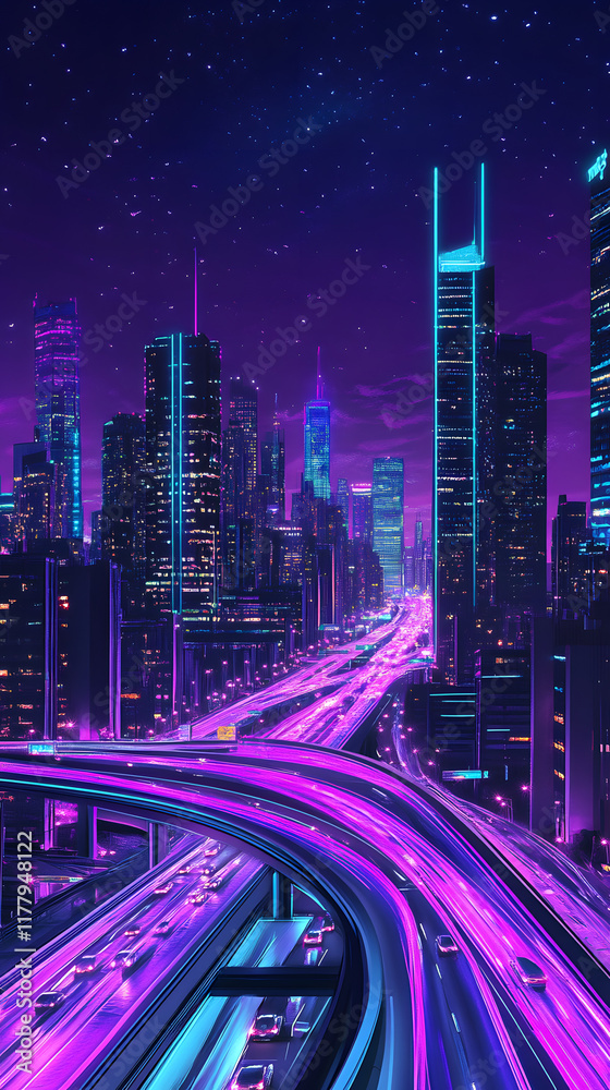 Fototapeta premium A vibrant urban skyline is illuminated at night with neon lights, towering skyscrapers, and busy highways creating a dynamic atmosphere