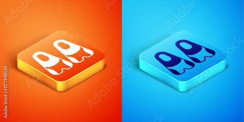 Isometric Rubber flippers for swimming icon isolated on orange and blue background. Diving equipment. Extreme sport. Diving underwater equipment. Vector