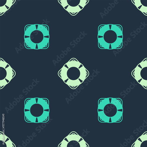 Green and beige Lifebuoy icon isolated seamless pattern on blue background. Lifebelt symbol. Vector