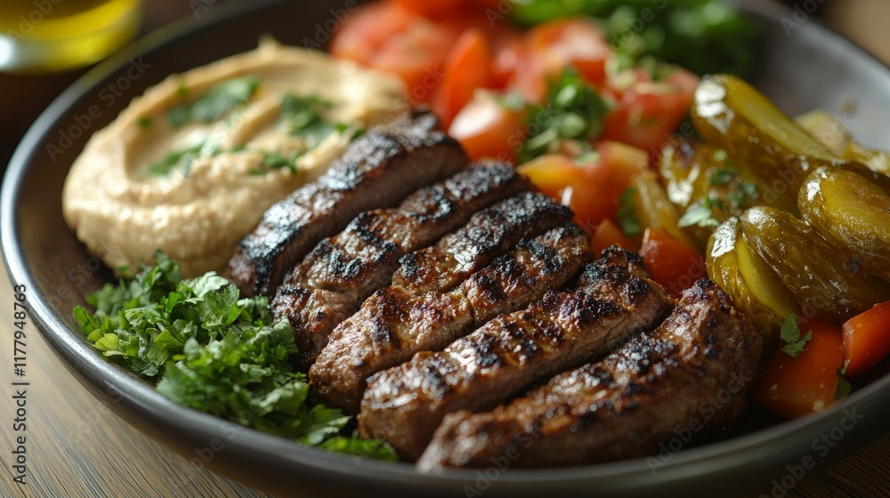 Close up of a plate of shawarma with grilled beef, accompanied by pickled vegetables and a side of hummus. Close up of a plate of shawarma with grilled beef, accompanied by pickled vegetables and a side of hummus.
