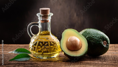 oil and ripe sparkling avocado on rustic timber desk