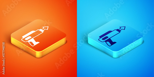 Isometric Fishing harpoon icon isolated on orange and blue background. Fishery manufacturers for catching fish under water. Diving underwater equipment. Vector
