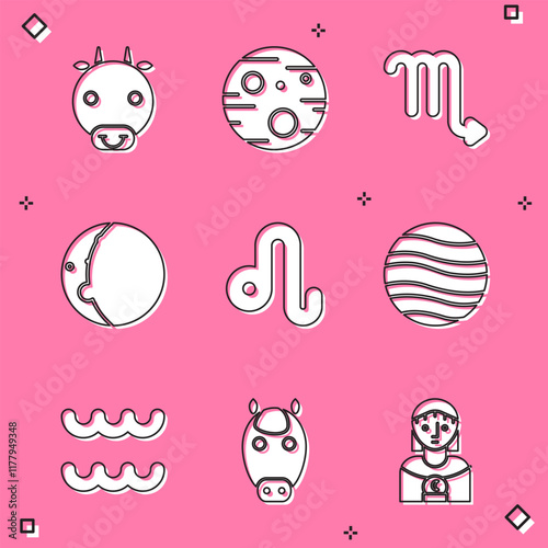 Set Ox zodiac, Planet Mars, Scorpio, Eclipse of the sun, Leo, Jupiter, Aquarius and Horse icon. Vector