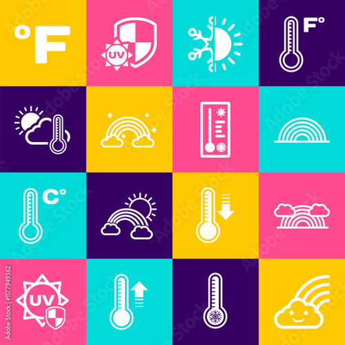 Set Rainbow with cloud, clouds, Sun and snowflake, Thermometer sun, Fahrenheit and Meteorology thermometer icon. Vector