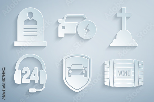 Set Car protection or insurance, Tombstone with cross, Headphone for support, Wooden barrel wine, Electric car and RIP written icon. Vector