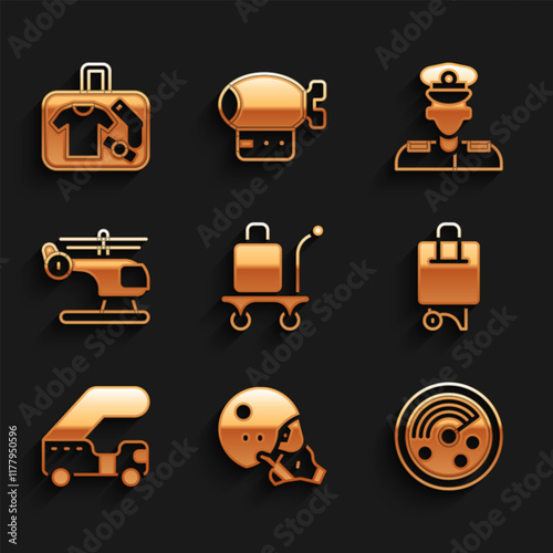 Set Trolley baggage, Modern pilot helmet, Radar with targets on monitor, Suitcase, Passenger ladder, Helicopter, Pilot and icon. Vector