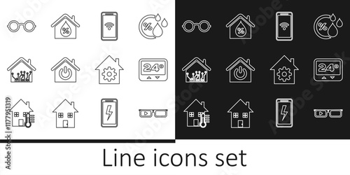 Set line Smart glasses, Thermostat, Mobile with wi-fi wireless, home, Glasses, settings and House humidity icon. Vector