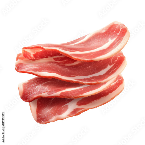 Slices of raw pork bacon Speck with marbled fat isolated on white transparent background, representing cured meat preparation. photo