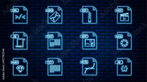 Set line JS file document, RAW, ZIP, PDF, XSL, GIF and MSG icon. Vector
