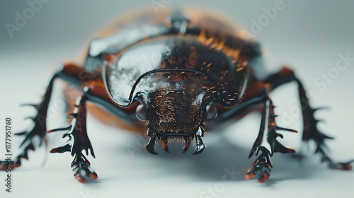 A close-up of a beetlea??s legs on a white surface. photo