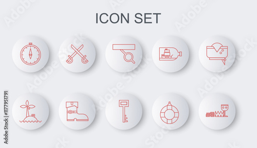 Set line Treasure and riches, Tropical island in ocean, Pirate eye patch, Lifebuoy, Compass, Crossed pirate swords, Leather boots and key icon. Vector