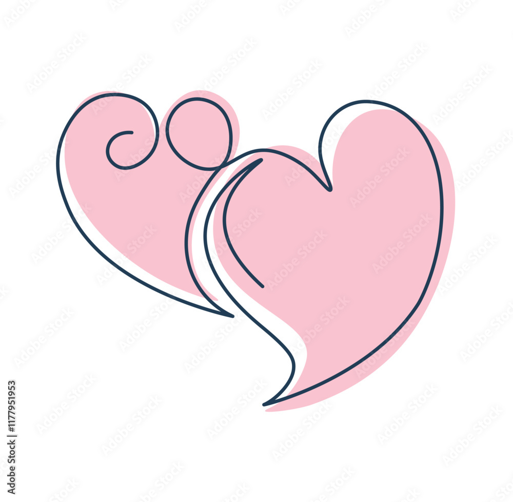 Two hearts drawing with one continuous line. Couple hearts in single line minimalist style. Valentine's Day concept. Love and care. Vector in line art style. Two hearts drawing with one continuous line. Couple hearts in single line minimalist style. Valentine's Day concept. Love and care. Vector in line art style.