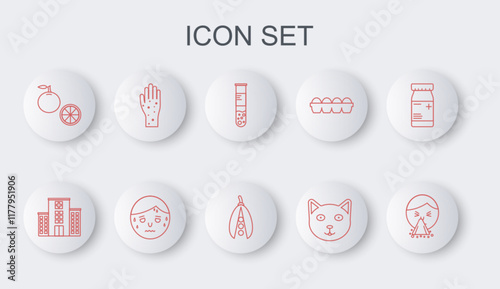 Set line Handkerchief to his runny nose, Medical hospital building, Test tube flask, Pet, Orange fruit, with psoriasis or eczema, Man excessive sweating and Kidney beans icon. Vector