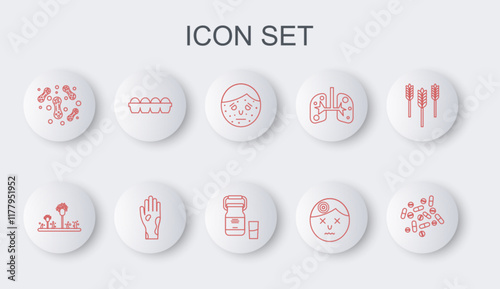 Set line Medicine pill or tablet, Mold, Face with psoriasis eczema, Man having headache, Bacteria, Chicken egg box, Hand and Can container for milk icon. Vector