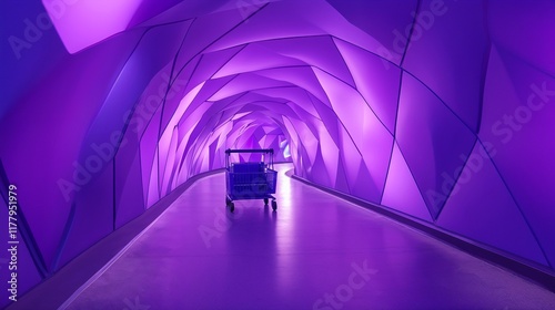 Shopping cart in purple hexagonal tunnel. Digital marketing. photo