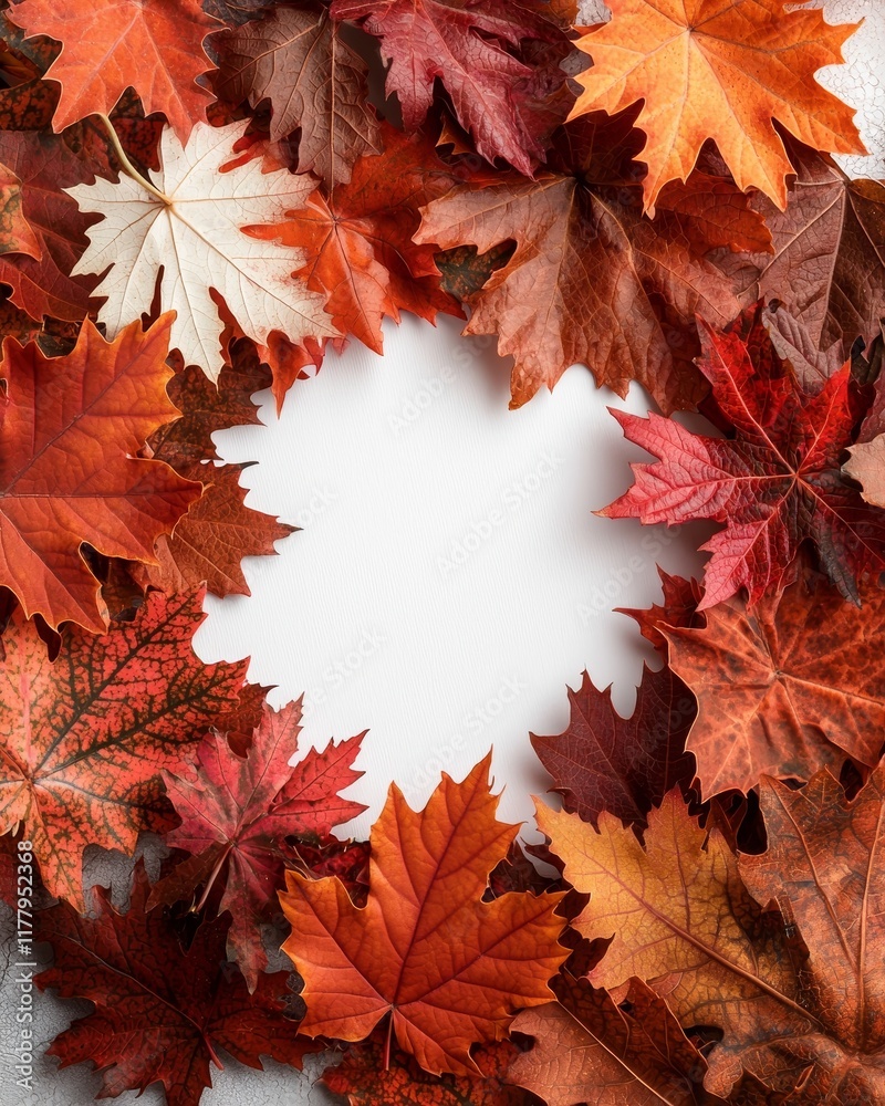 Fototapeta premium Autumnal Maple Leaves Frame Fall Foliage Border Thanksgiving Background Red Orange Brown Leaves
